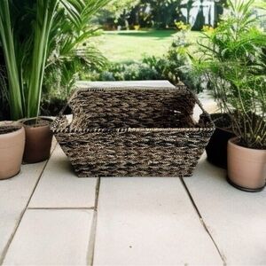 Wicker Rectangular Storage Basket 15x10x7" Brown Handles Crate Bin Organizer G+